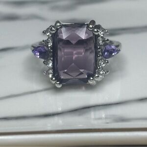 Amethyst Smoky Purple Emerald Cut CZ Silver Tone Costume Fashion Ring Size 9